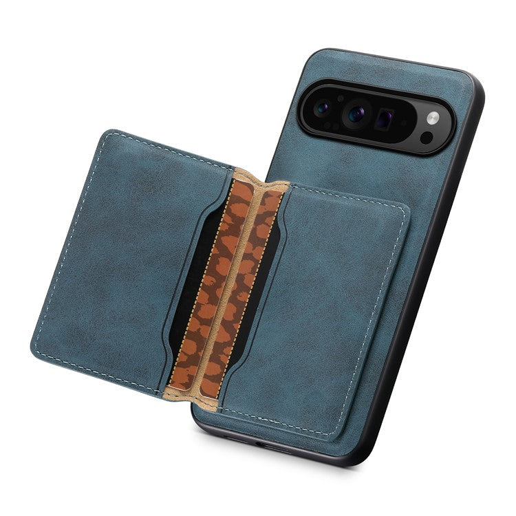 DENIOR D13 For Google Pixel 9 Pro / Pixel 9 Case Leather+PC+TPU Cover Phone Card Bag Kickstand - Blue