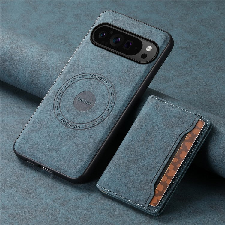 DENIOR D13 For Google Pixel 9 Pro / Pixel 9 Case Leather+PC+TPU Cover Phone Card Bag Kickstand - Blue