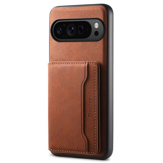 DENIOR D13 For Google Pixel 9 Pro / Pixel 9 Case Leather+PC+TPU Cover Phone Card Bag Kickstand - Brown