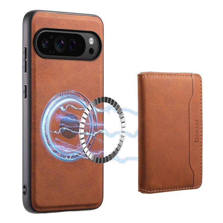 DENIOR D13 For Google Pixel 9 Pro / Pixel 9 Case Leather+PC+TPU Cover Phone Card Bag Kickstand - Brown