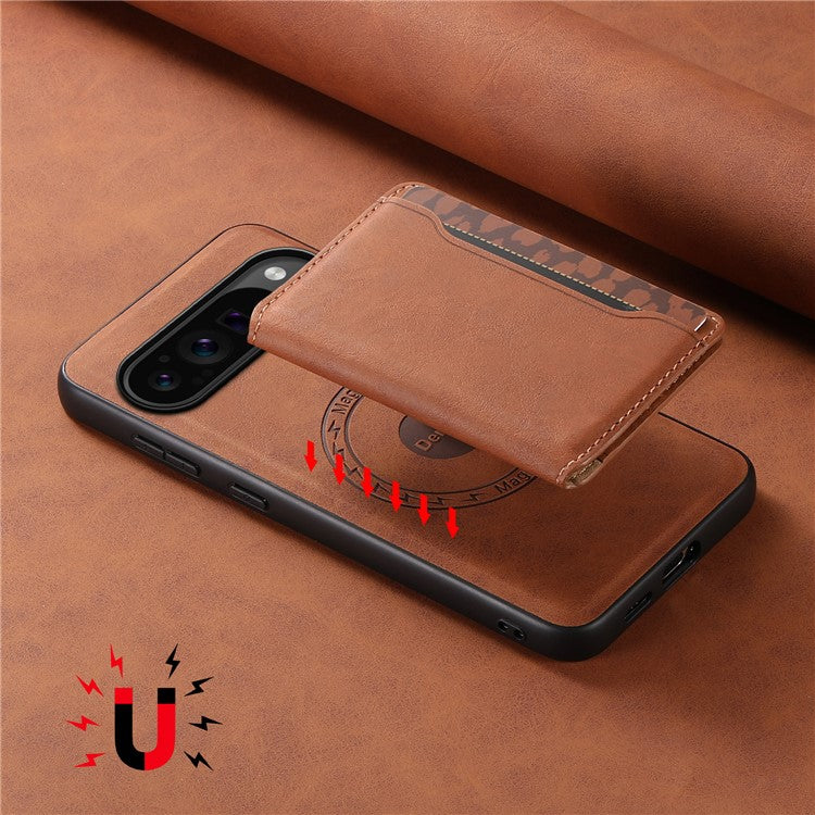 DENIOR D13 For Google Pixel 9 Pro / Pixel 9 Case Leather+PC+TPU Cover Phone Card Bag Kickstand - Brown