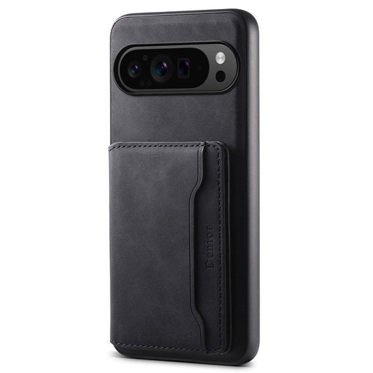 DENIOR D13 For Google Pixel 9 Pro / Pixel 9 Case Leather+PC+TPU Cover Phone Card Bag Kickstand - Black