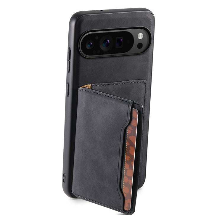 DENIOR D13 For Google Pixel 9 Pro / Pixel 9 Case Leather+PC+TPU Cover Phone Card Bag Kickstand - Black