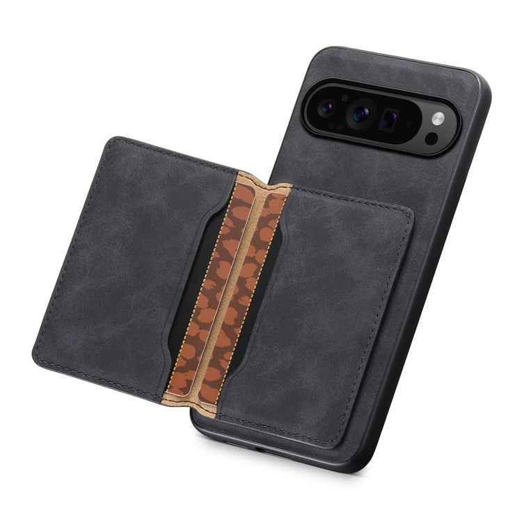 DENIOR D13 For Google Pixel 9 Pro / Pixel 9 Case Leather+PC+TPU Cover Phone Card Bag Kickstand - Black