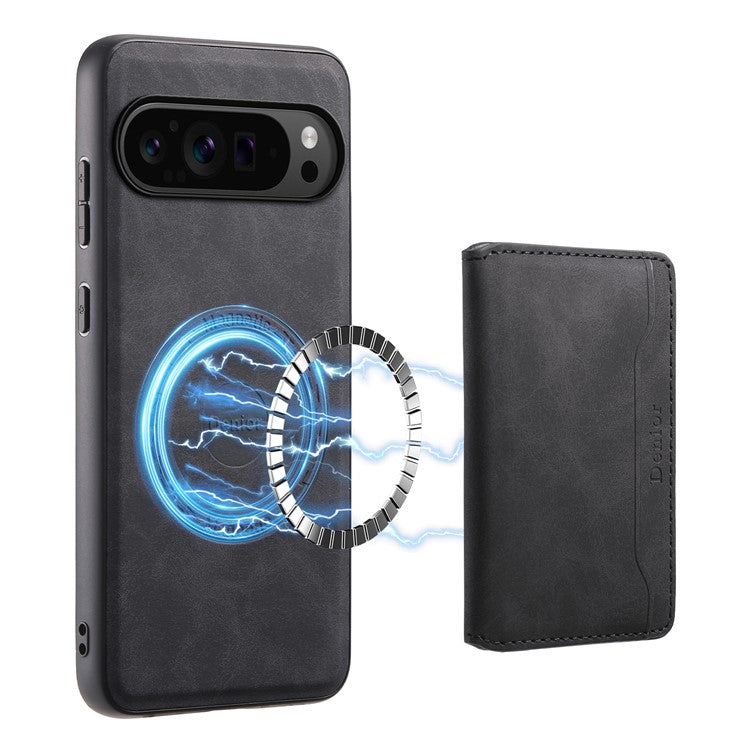 DENIOR D13 For Google Pixel 9 Pro / Pixel 9 Case Leather+PC+TPU Cover Phone Card Bag Kickstand - Black
