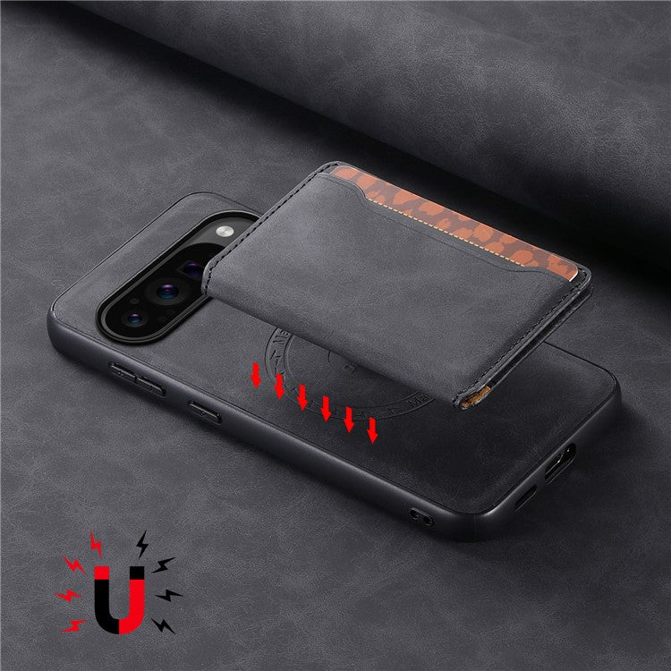 DENIOR D13 For Google Pixel 9 Pro / Pixel 9 Case Leather+PC+TPU Cover Phone Card Bag Kickstand - Black