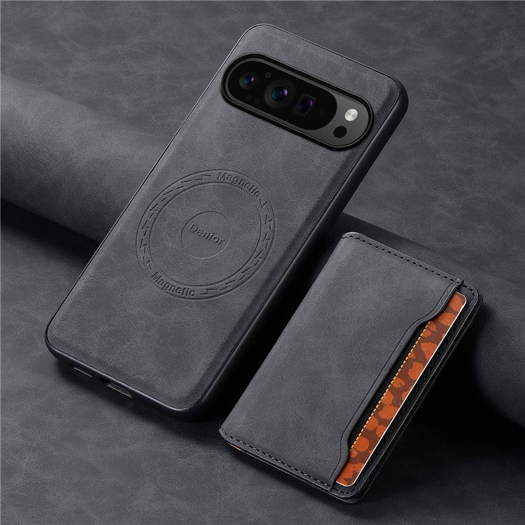 DENIOR D13 For Google Pixel 9 Pro / Pixel 9 Case Leather+PC+TPU Cover Phone Card Bag Kickstand - Black