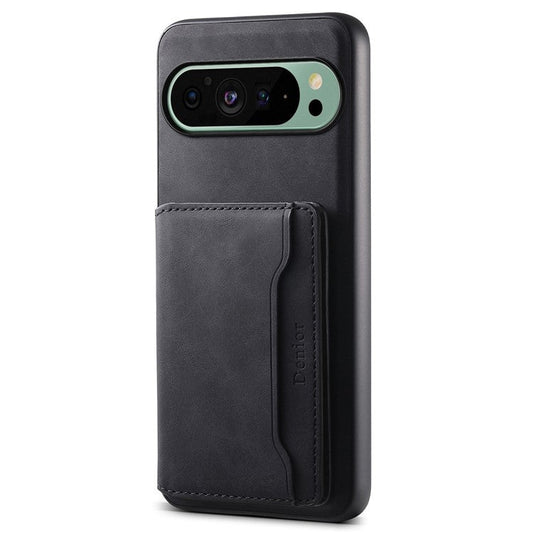 DENIOR D13 For Google Pixel 9 / 9 Pro Case Leather+PC+TPU Phone Cover Detachable Card Bag Kickstand - Black