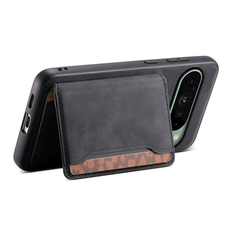 DENIOR D13 For Google Pixel 9 / 9 Pro Case Leather+PC+TPU Phone Cover Detachable Card Bag Kickstand - Black