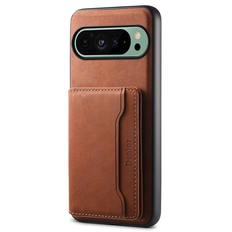 DENIOR D13 For Google Pixel 9 / 9 Pro Case Leather+PC+TPU Phone Cover Detachable Card Bag Kickstand - Brown