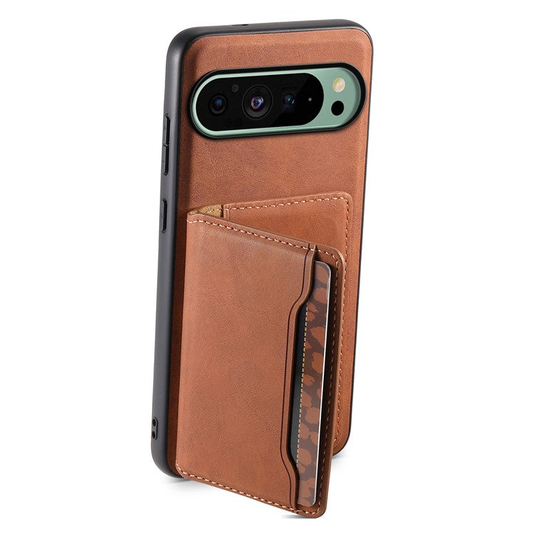 DENIOR D13 For Google Pixel 9 / 9 Pro Case Leather+PC+TPU Phone Cover Detachable Card Bag Kickstand - Brown