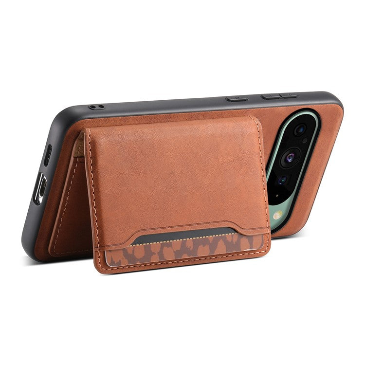 DENIOR D13 For Google Pixel 9 / 9 Pro Case Leather+PC+TPU Phone Cover Detachable Card Bag Kickstand - Brown