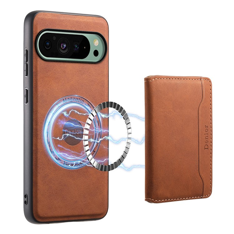 DENIOR D13 For Google Pixel 9 / 9 Pro Case Leather+PC+TPU Phone Cover Detachable Card Bag Kickstand - Brown