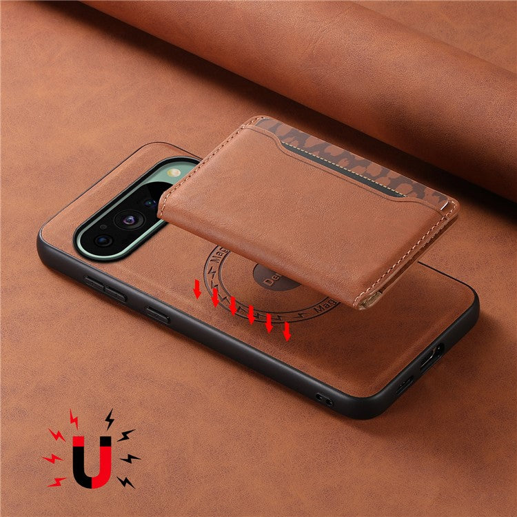 DENIOR D13 For Google Pixel 9 / 9 Pro Case Leather+PC+TPU Phone Cover Detachable Card Bag Kickstand - Brown