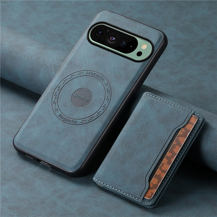 DENIOR D13 For Google Pixel 9 / 9 Pro Case Leather+PC+TPU Phone Cover Detachable Card Bag Kickstand - Blue