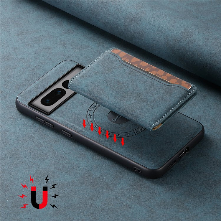 DENIOR D13 For Google Pixel 7 Pro 5G Case Compatible with MagSafe Leather Back Cover Kickstand Card Holder - Blue