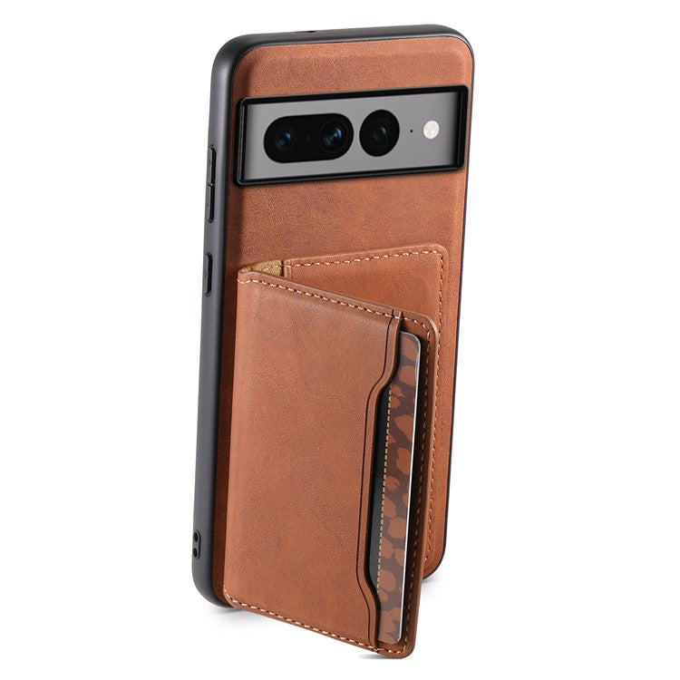 DENIOR D13 For Google Pixel 7 Pro 5G Case Compatible with MagSafe Leather Back Cover Kickstand Card Holder - Brown