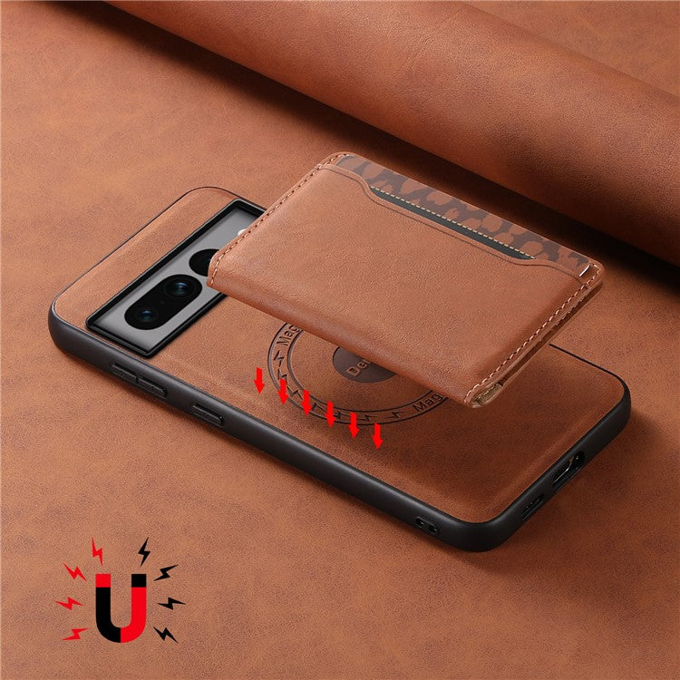 DENIOR D13 For Google Pixel 7 Pro 5G Case Compatible with MagSafe Leather Back Cover Kickstand Card Holder - Brown