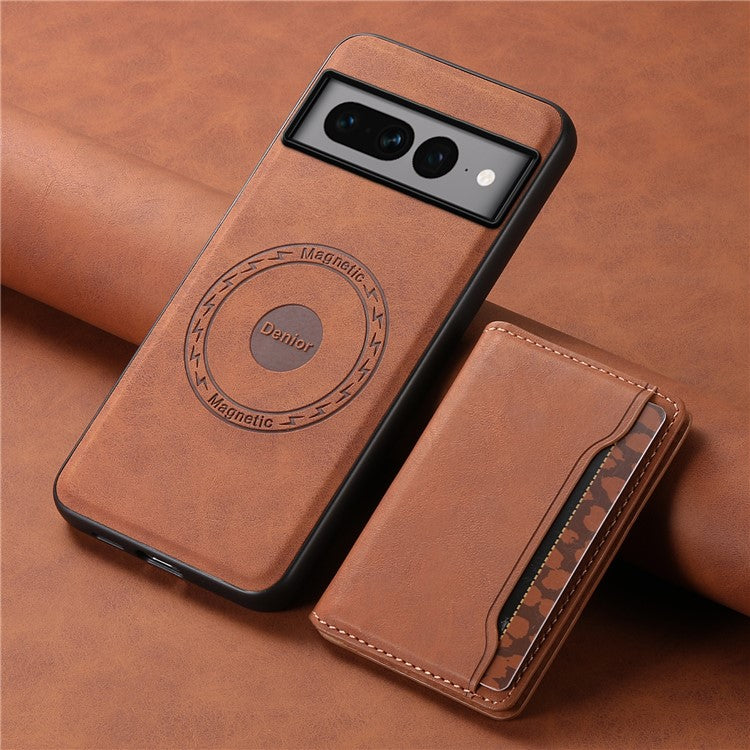 DENIOR D13 For Google Pixel 7 Pro 5G Case Compatible with MagSafe Leather Back Cover Kickstand Card Holder - Brown