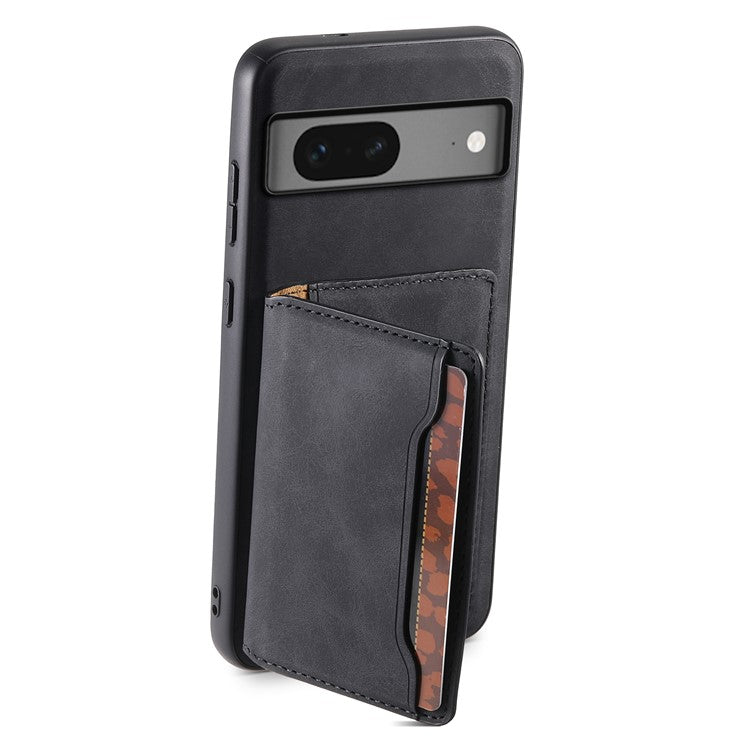DENIOR D13 For Google Pixel 7 5G Case Magnetic Card Holder Kickstand Leather Back Phone Cover - Black