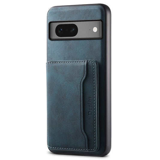 DENIOR D13 For Google Pixel 7 5G Case Magnetic Card Holder Kickstand Leather Back Phone Cover - Blue