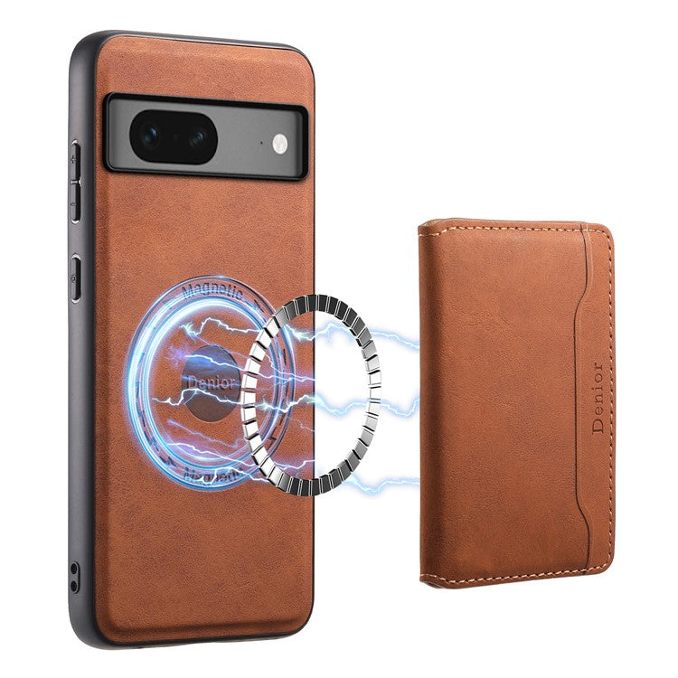 DENIOR D13 For Google Pixel 7 5G Case Magnetic Card Holder Kickstand Leather Back Phone Cover - Brown