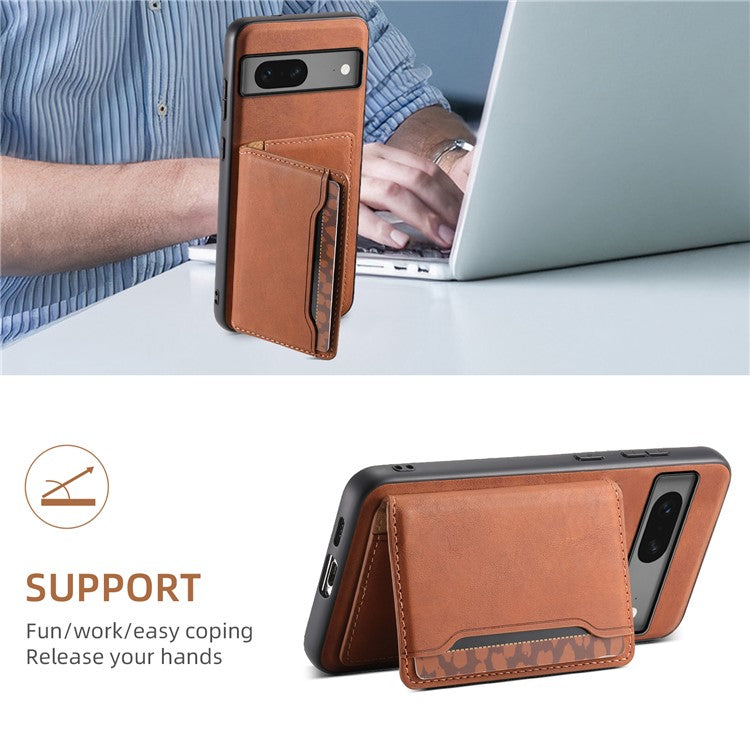 DENIOR D13 For Google Pixel 7 5G Case Magnetic Card Holder Kickstand Leather Back Phone Cover - Brown