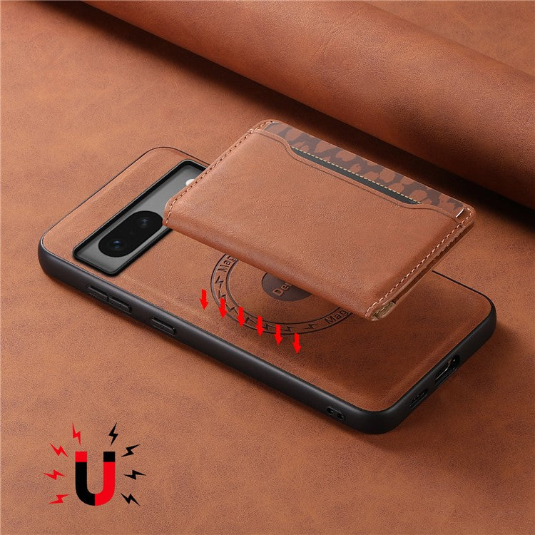 DENIOR D13 For Google Pixel 7 5G Case Magnetic Card Holder Kickstand Leather Back Phone Cover - Brown