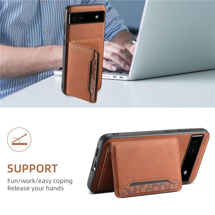DENIOR D13 For Google Pixel 6a Kickstand Case PU+PC+TPU Phone Cover Detachable Card Bag - Brown