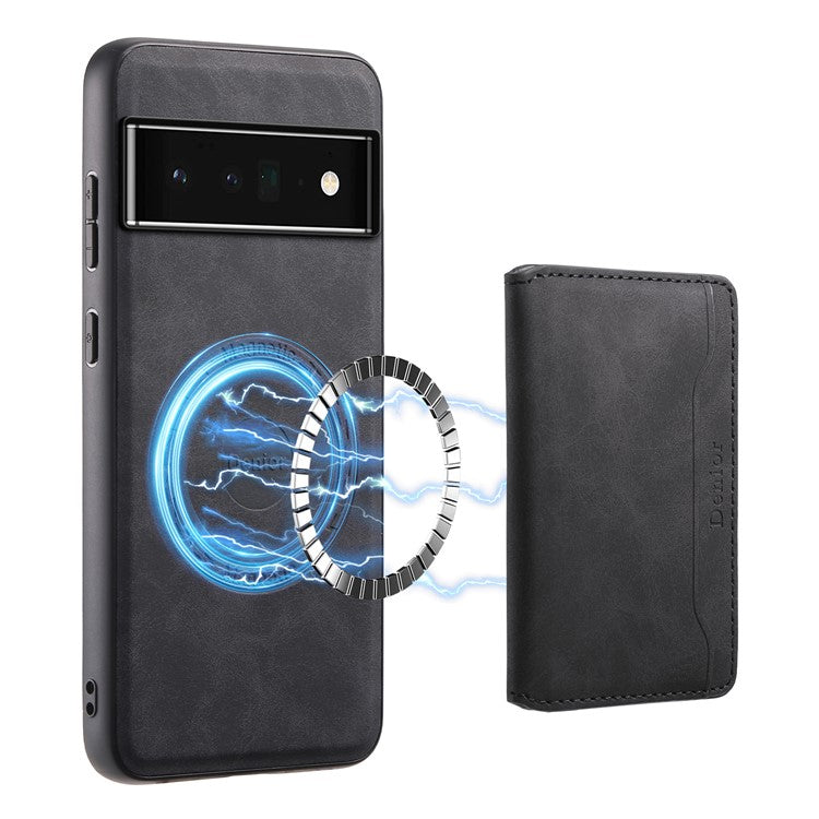 DENIOR D13 For Google Pixel 6 Pro 5G Retro Case Leather Phone Back Cover Detachable 2-in-1 Card Holder - Black