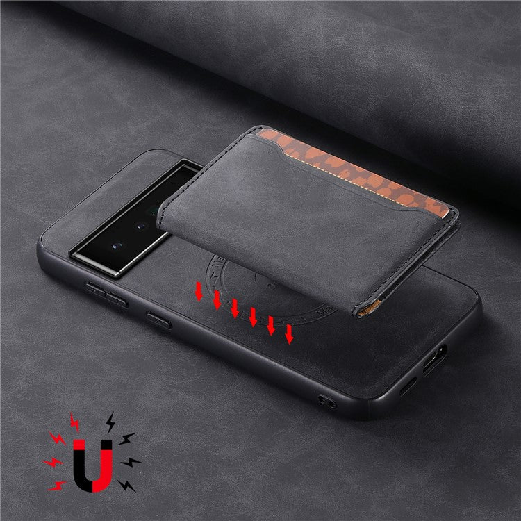 DENIOR D13 For Google Pixel 6 Pro 5G Retro Case Leather Phone Back Cover Detachable 2-in-1 Card Holder - Black