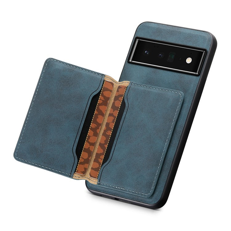 DENIOR D13 For Google Pixel 6 Pro 5G Retro Case Leather Phone Back Cover Detachable 2-in-1 Card Holder - Blue