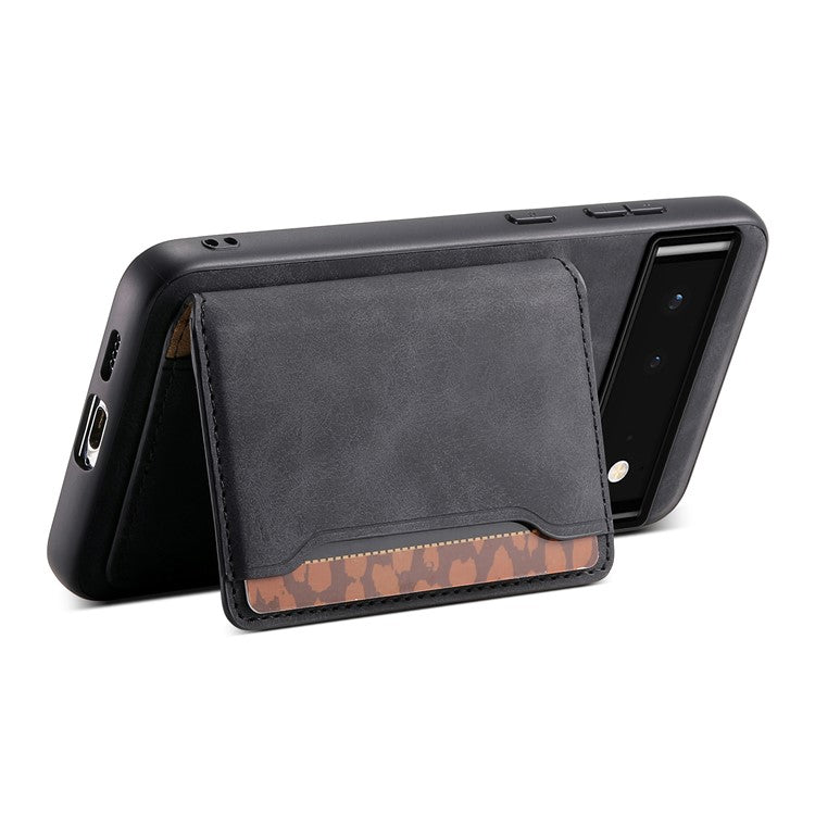DENIOR D13 For Google Pixel 6 Case Leather+PC+TPU Phone Cover Detachable Card Bag Kickstand - Black