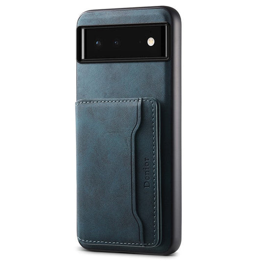 DENIOR D13 For Google Pixel 6 Case Leather+PC+TPU Phone Cover Detachable Card Bag Kickstand - Blue