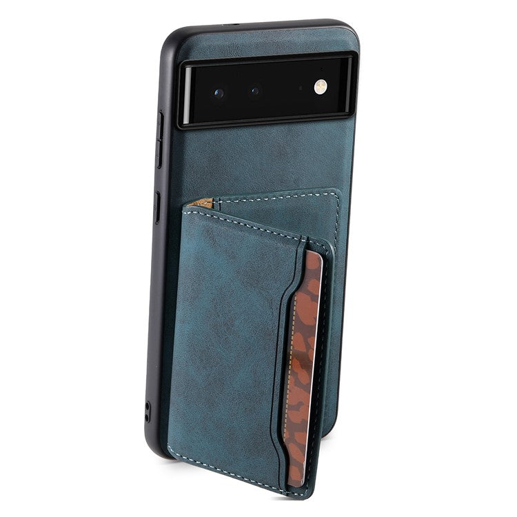 DENIOR D13 For Google Pixel 6 Case Leather+PC+TPU Phone Cover Detachable Card Bag Kickstand - Blue