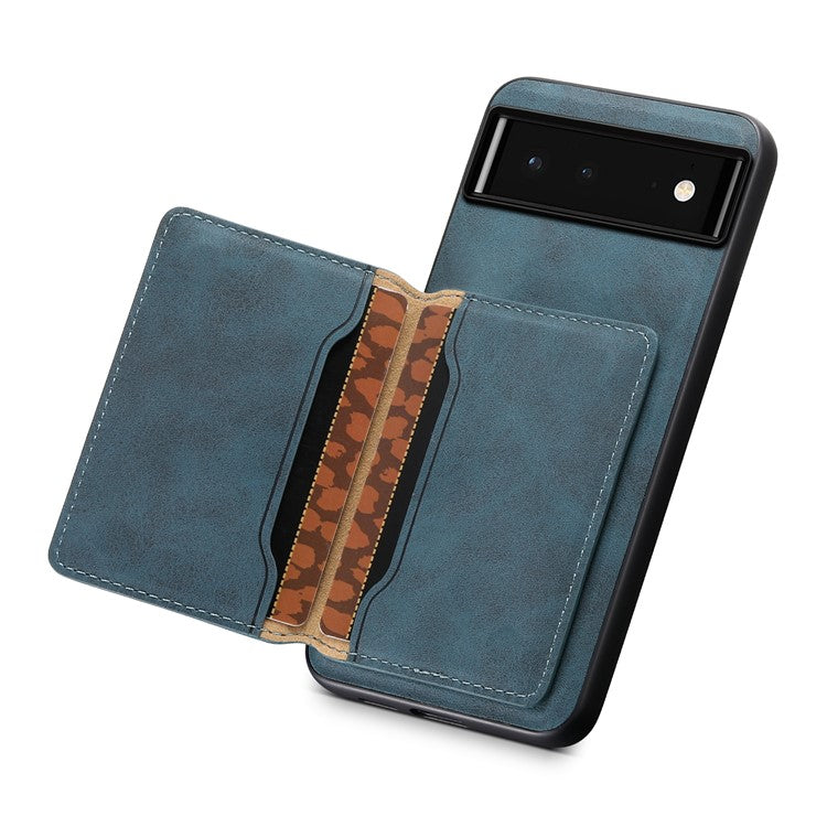 DENIOR D13 For Google Pixel 6 Case Leather+PC+TPU Phone Cover Detachable Card Bag Kickstand - Blue