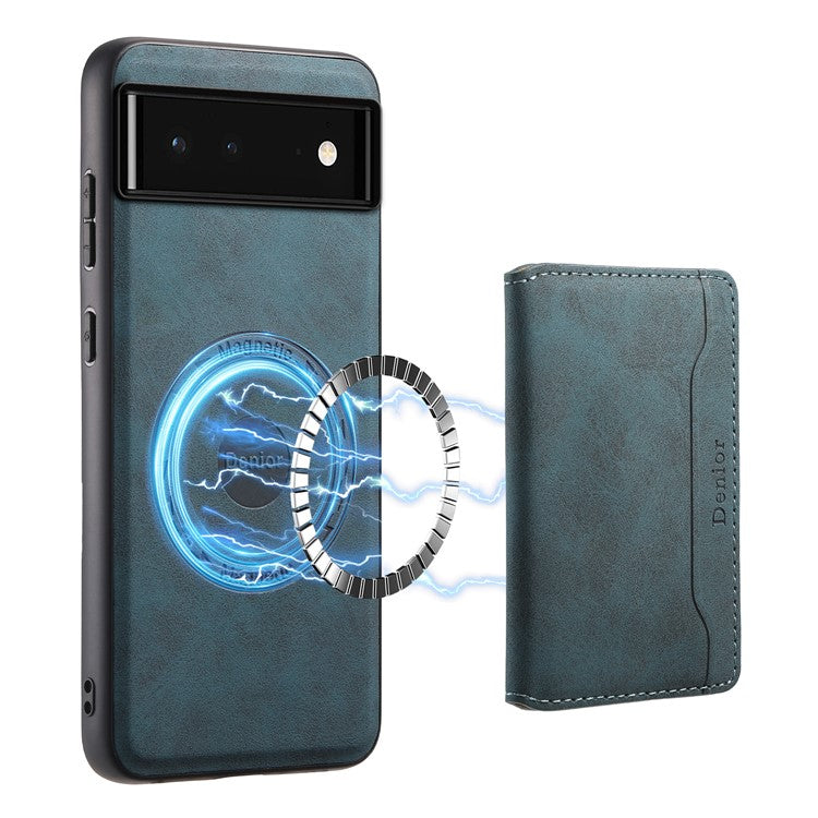 DENIOR D13 For Google Pixel 6 Case Leather+PC+TPU Phone Cover Detachable Card Bag Kickstand - Blue