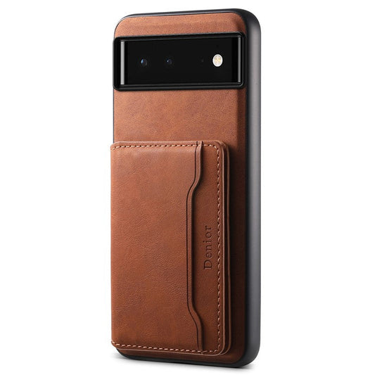 DENIOR D13 For Google Pixel 6 Case Leather+PC+TPU Phone Cover Detachable Card Bag Kickstand - Brown
