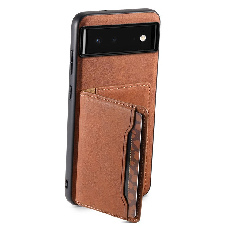 DENIOR D13 For Google Pixel 6 Case Leather+PC+TPU Phone Cover Detachable Card Bag Kickstand - Brown