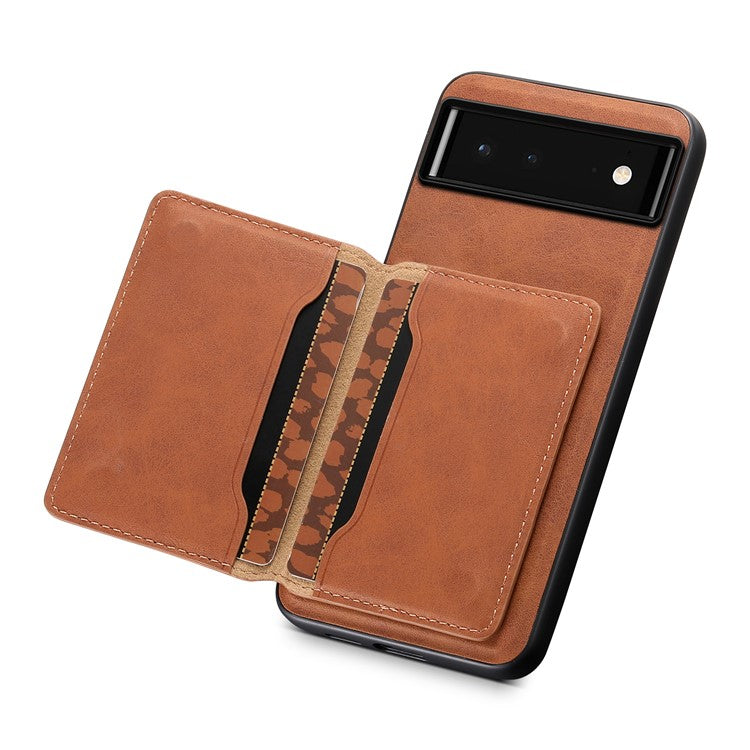 DENIOR D13 For Google Pixel 6 Case Leather+PC+TPU Phone Cover Detachable Card Bag Kickstand - Brown