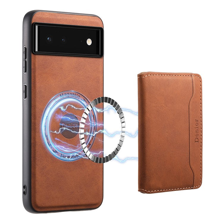 DENIOR D13 For Google Pixel 6 Case Leather+PC+TPU Phone Cover Detachable Card Bag Kickstand - Brown