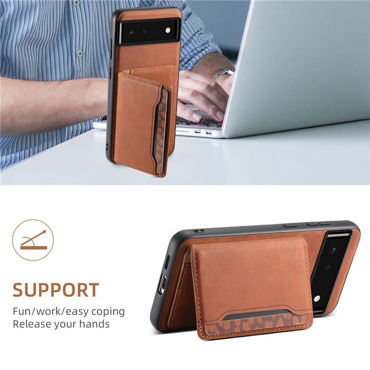 DENIOR D13 For Google Pixel 6 Case Leather+PC+TPU Phone Cover Detachable Card Bag Kickstand - Brown