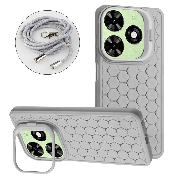 For TECNO Spark 20 Kickstand Case TPU Phone Cover with Lanyard - Grey