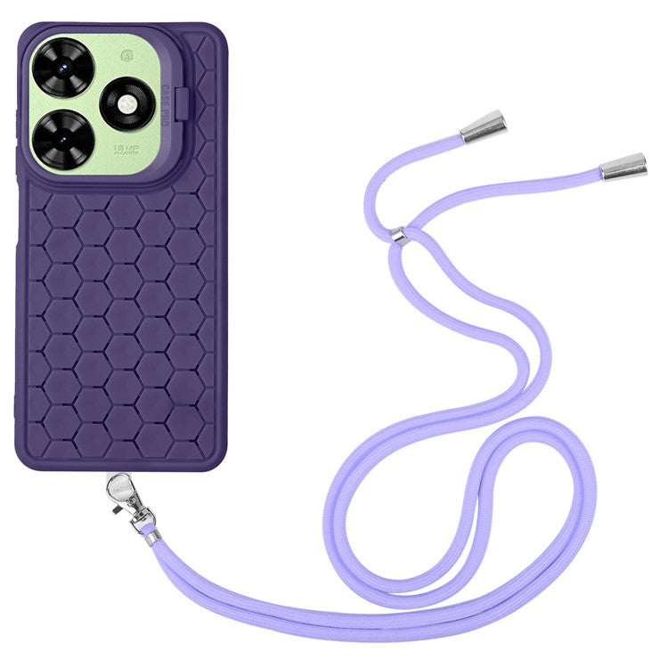 For TECNO Spark 20C Lanyard Case Kickstand TPU Phone Cover Honeycomb Hole Heat Dissipation - Purple