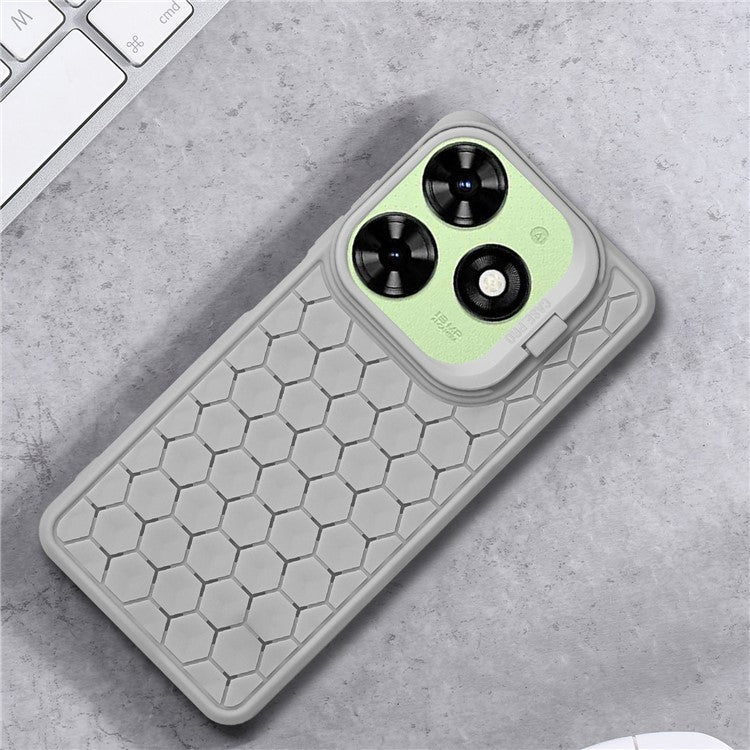 For TECNO Pop 8 Case Heat Dissipation Lens Frame Kickstand TPU Phone Cover - Grey