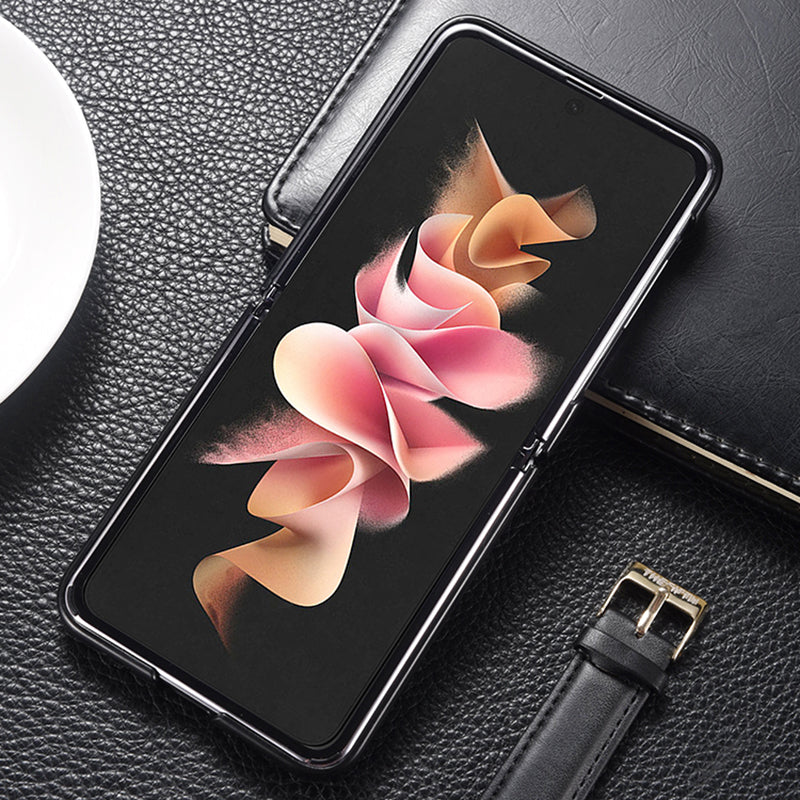 For Samsung Galaxy Z Flip6 5G Case Cowhide Leather + PC Folding Phone Cover - Black