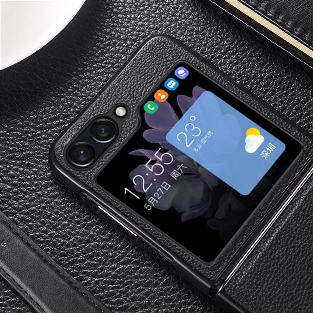 For Samsung Galaxy Z Flip7 FE 5G / Z Flip6 5G Case Cowhide Leather + PC Folding Phone Cover - Black