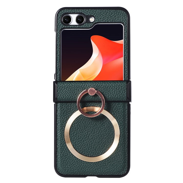 For Samsung Galaxy Z Flip6 5G Magnetic Case with Ring Kickstand Leather + PC Phone Cover Hinge Protection - Green