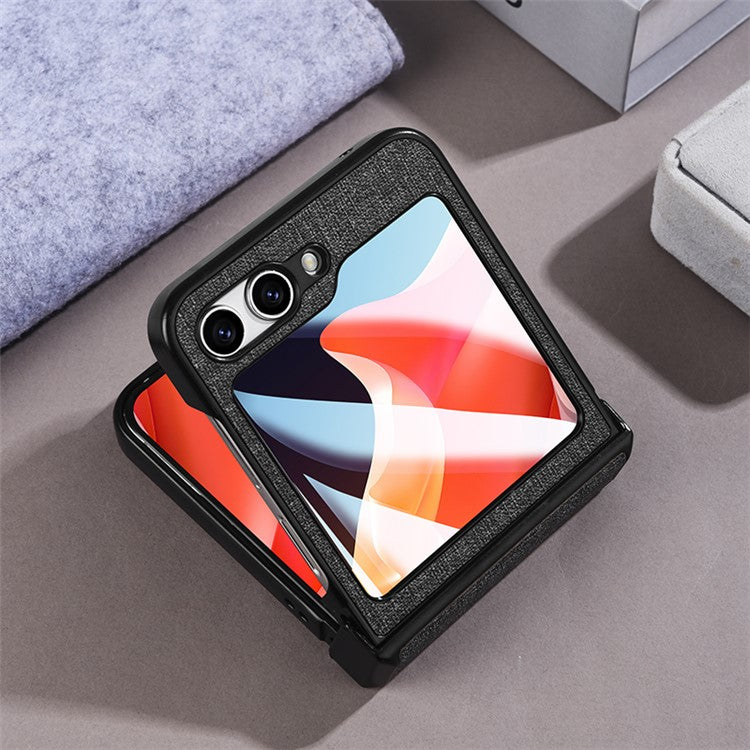 For Samsung Galaxy Z Flip6 5G Case Leather+PC Phone Cover with Rear Screen Film and Hinge - Black