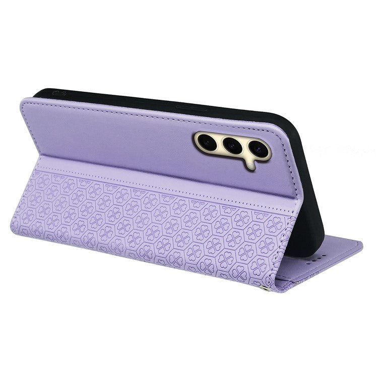 For Samsung Galaxy M15 5G / F15 5G Case Leather Phone Cover Clover Pattern - Light Purple